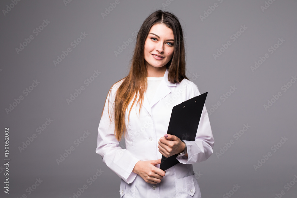 Portrait of cheerful female doctor with clipboard, isolated over white background Portrait of cheerful female doctor with clipboard, isolated over white background