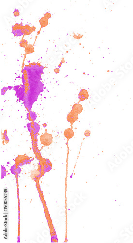 Bright orange and pink purple watercolor splashes and blots on white background. Ink painting. Hand drawn illustration. Abstract watercolor artwork. 