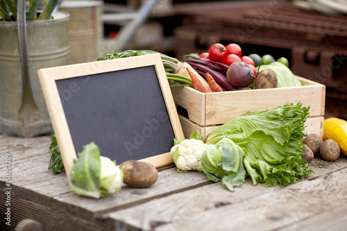 close up of vegetables with chalkboard on farm
