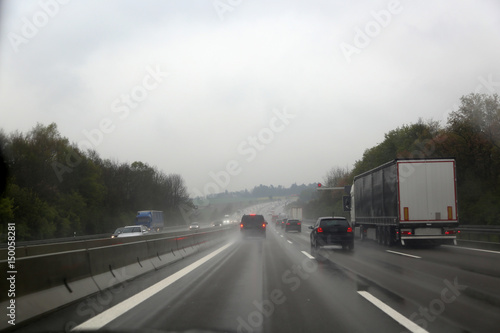 Road from car window / Autobahn in rainy weather
