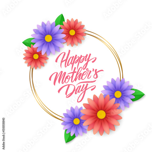 Fototapeta Naklejka Na Ścianę i Meble -  Happy Mother's Day greeting card with calligraphic lettering text design, golden frame and floral decor.