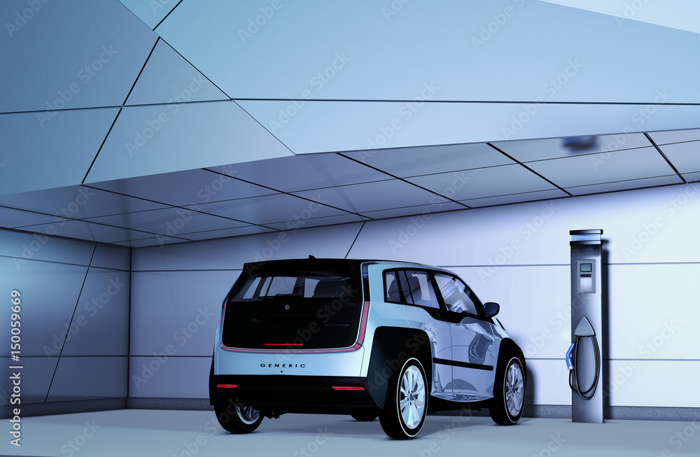 Elektroauto der Kompaktklasse vor einer futuristischen Kulisse