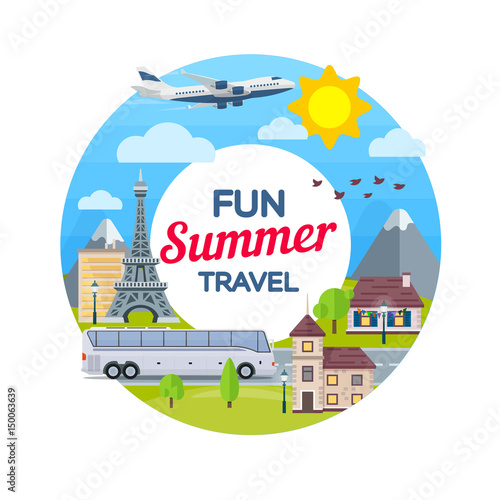 Traveling in time of vacation by plane and bus. Travel to France. Summer travel. Round banner in flat style. The summer holiday. Vector illustration