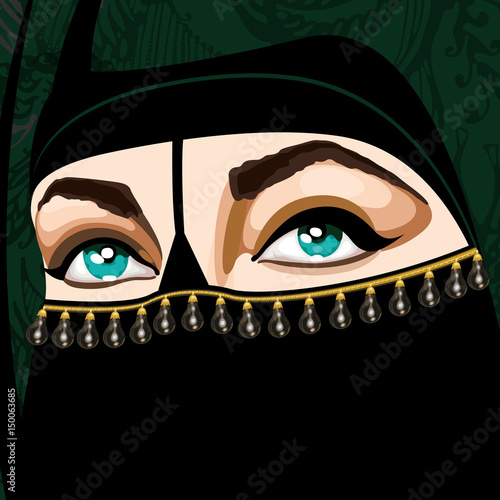 Beautiful Muslim woman in traditional designer niqab clothers with bright make-up and open eyes of green color. Vector Illustration