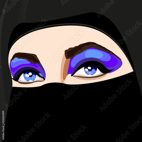 Beautiful Muslim woman in traditional designer niqab clothers with bright make-up and open eyes of green color. Vector Illustration