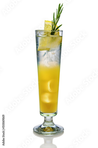 Cool citrus and rosemary cocktail in sling glass isolated on white