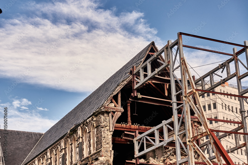 general view of the Cathedral damaged nave with the steel structure preventing the rest of the stone body from a new collapse, after the 2011 earthquake. general view of the Cathedral damaged nave with the steel structure preventing the rest of the stone body from a new collapse, after the 2011 earthquake.