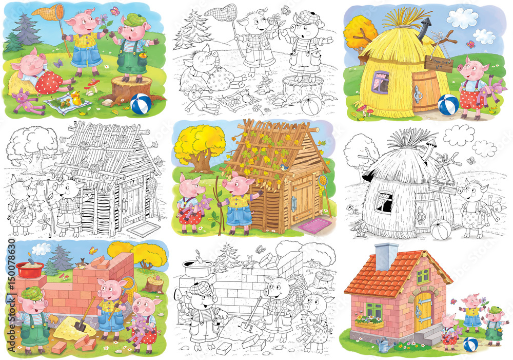 Three little pigs. Fairy tale. Set of illustrations for children. Coloring page. Cute and funny cartoon characters