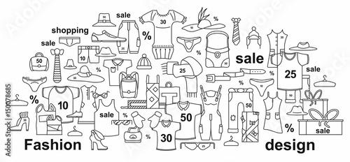 Fashion set with thin line icons on theme of shopping and clothes . Vector illustration.  