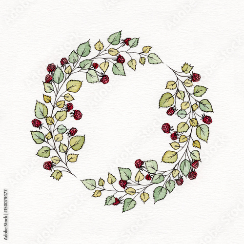 Fototapeta Naklejka Na Ścianę i Meble -  Watercolor wreath with leaves and berries of raspberries
