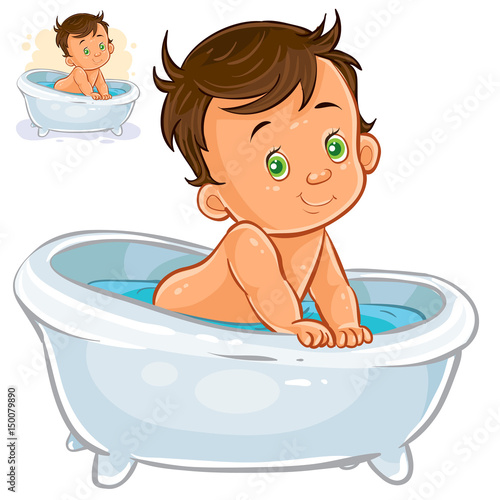 Vector illustration of small child take a bath isolated on white. Print, template, design element