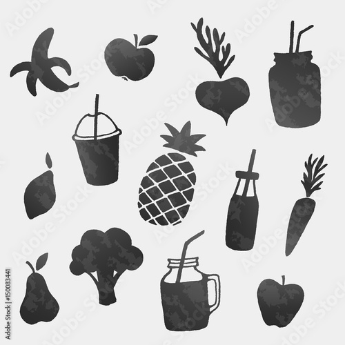 Vector healthy food icons shapes set. Fruits, vegetables and smoothies