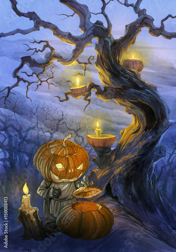 Halloween illustration of a big fantasy old crooked tree growing in a scary forest