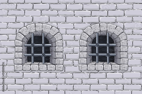 Old brick wall with barred windows. Hand drawn sketch