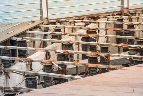 Valokuva Remodel of timber boardwalk, wooden walkway on shore of Singapore sea
