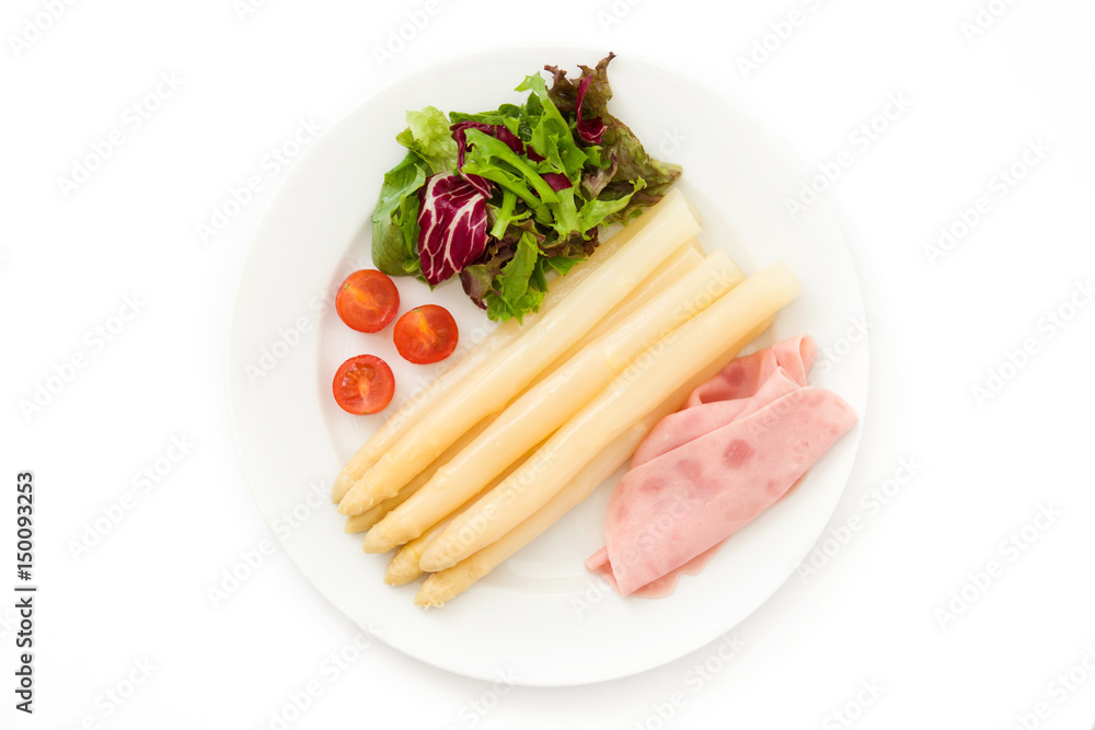White asparagus with salad and ham isolated on white background.Top view
White asparagus with salad and ham isolated on white background.Top view