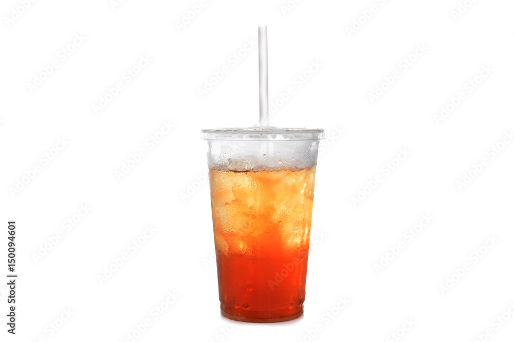 iced tea in plastic cup with straw white background Stock Photo