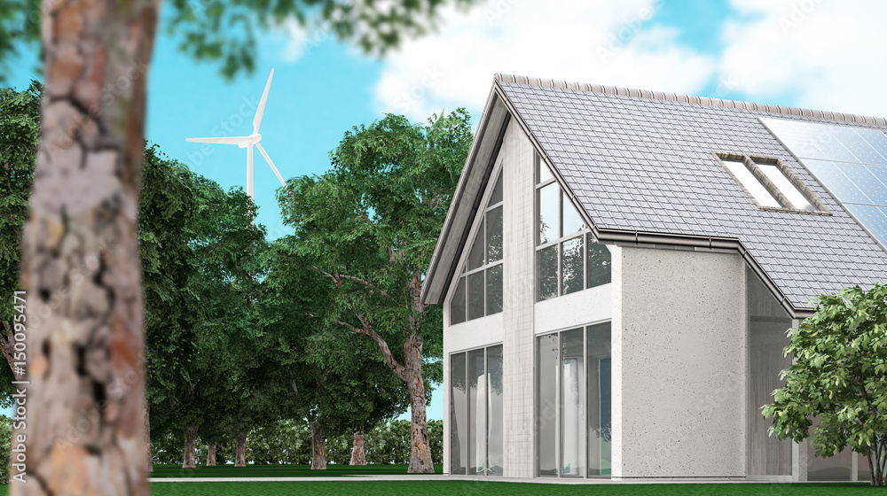 Casa c eco sostenibile con pannelli solari e pala eolica, 3d render Casa c eco sostenibile con pannelli solari e pala eolica, 3d render