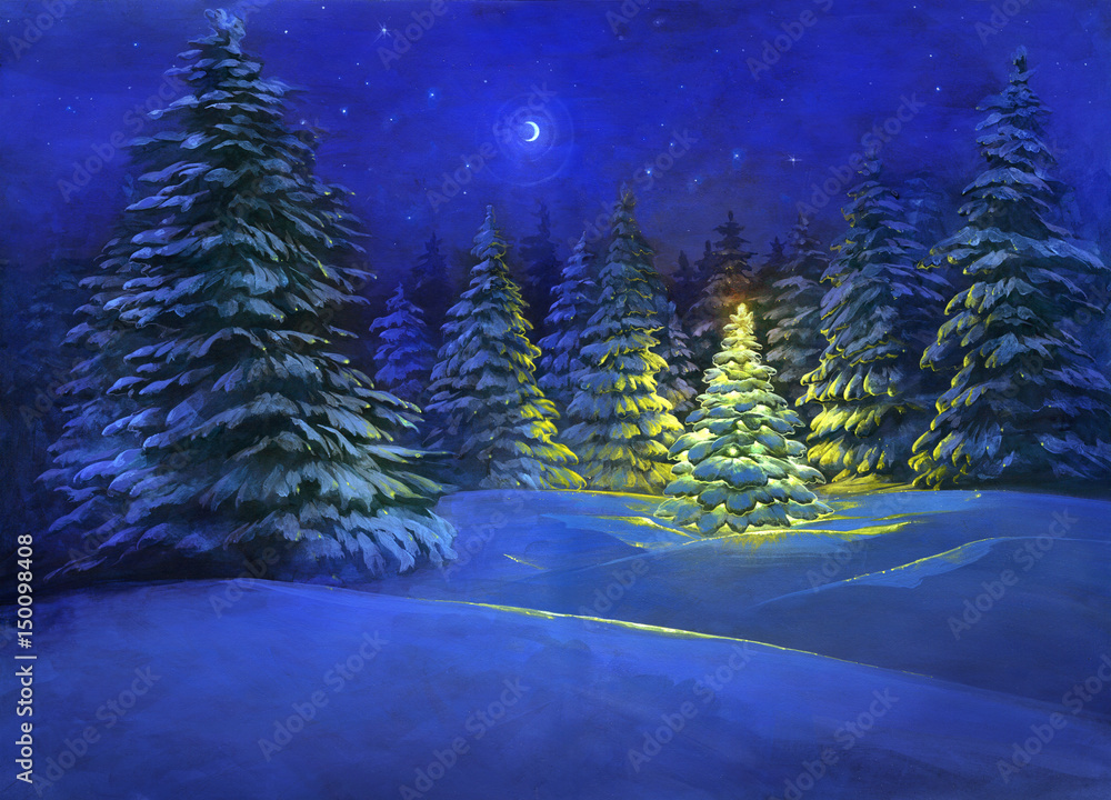 Obraz premium Beautiful digital Christmas illustration of a snowy winter countryside landscape with fir trees