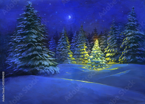 Beautiful digital Christmas illustration of a snowy winter countryside landscape with fir trees