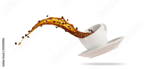 Porcelaine white cup with splashing coffee liquid isolated on white background.