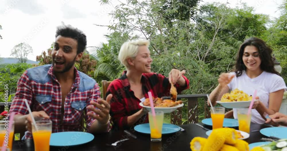 People Passing Food Eating On Terrace Young Friends Talking Sitting At Table Outdoors Communication Slow Motion 60 People Passing Food Eating On Terrace Young Friends Talking Sitting At Table Outdoors Communication Slow Motion 60