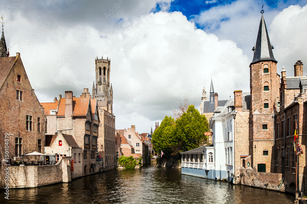 Architecture of Bruges city, traditional houses view on the canal