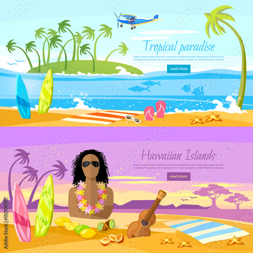 Surfer on beautiful beach. Perfect tropical paradise. Travel in summer. Tropical beach banner, paradise island for rest. Travel to Hawaii, Tahiti