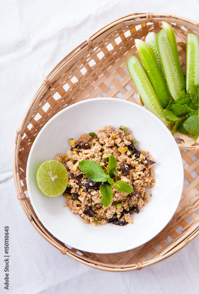 Ground pork salad with fresh vegetable and lemon, Traditional Thai food, selective focus