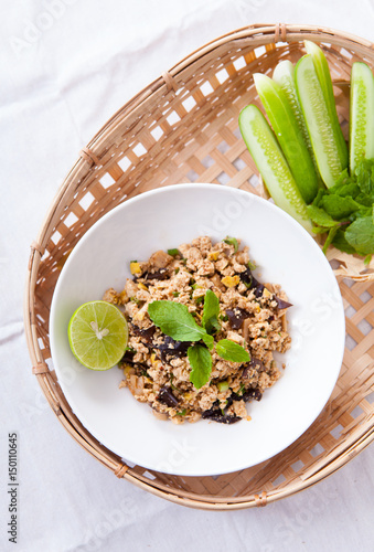 Ground pork salad with fresh vegetable and lemon, Traditional Thai food, selective focus