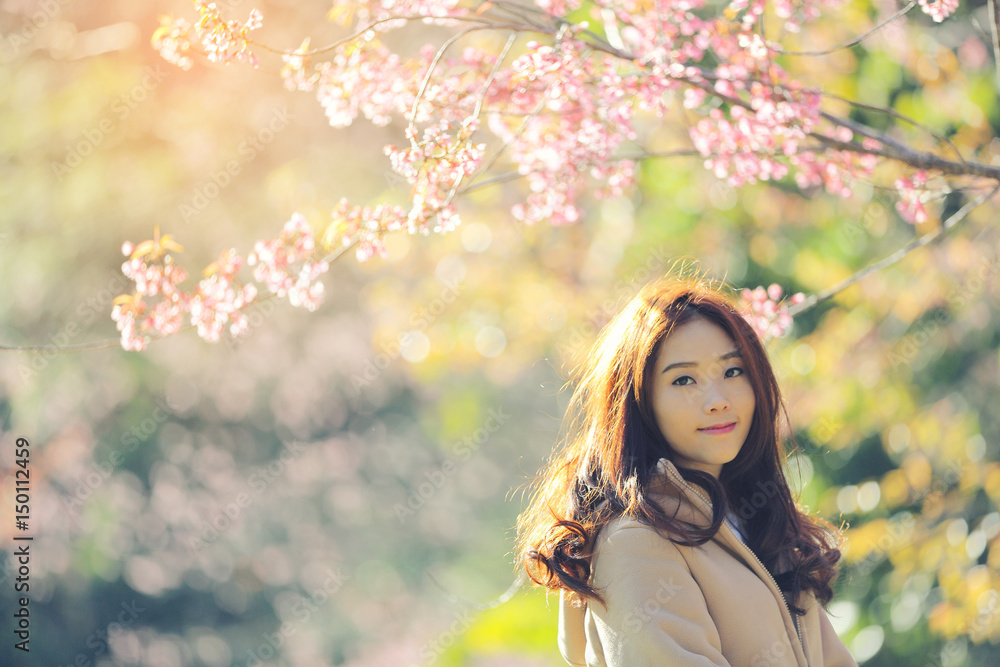Asian Woman with cherry blossom nature background Asian Woman with cherry blossom nature background
