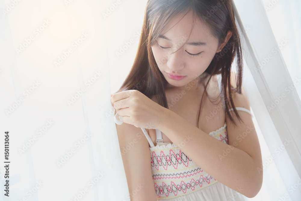 Asian girl wake up in bedroom Asian girl wake up in bedroom