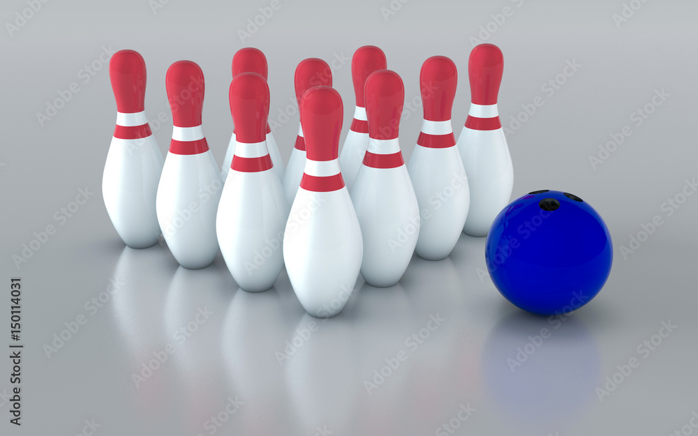 Bowling pins and bowling ball.Isolated on grey background. Bowling pins and bowling ball.Isolated on grey background.