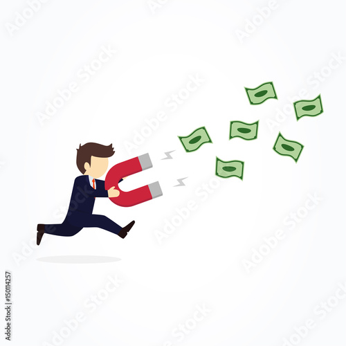 Businessmen trying to catch money by magnet. Vector illustration.