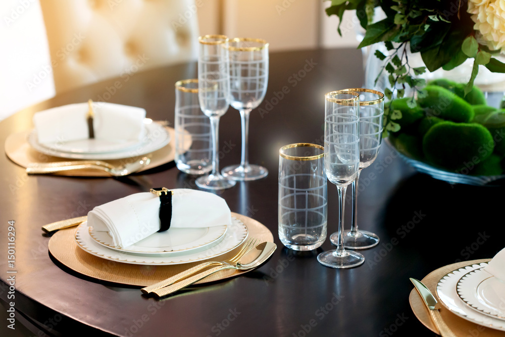 Table set on dinning table at home, Selective focus point