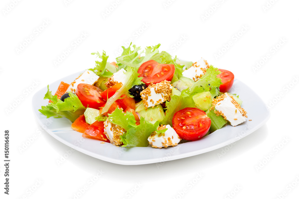 Greek Salad - Feta Cheese, Olive and Vegetables, isolated on white