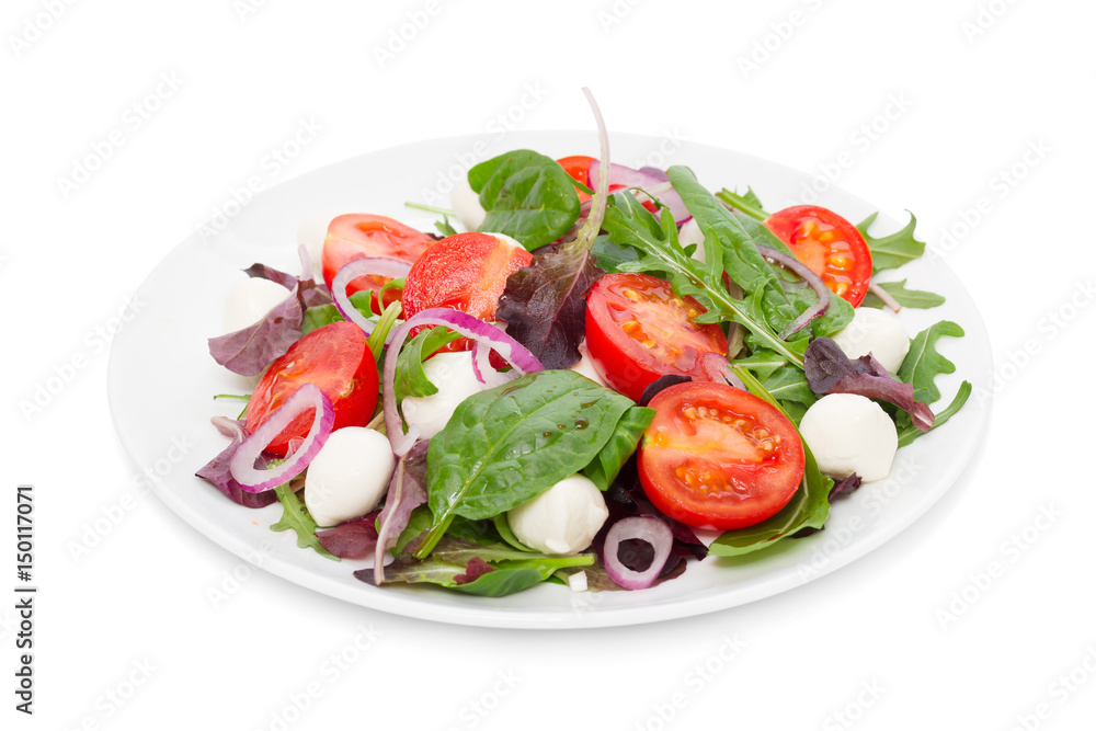 Vegetable salad with mini mozzarella isolated on white