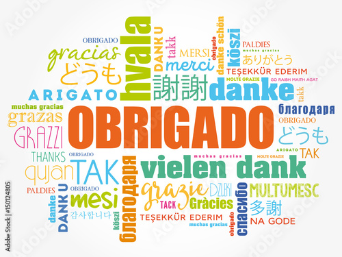Obrigado (Thank You in Portuguese) Word Cloud background, all languages, multilingual for education or thanksgiving day