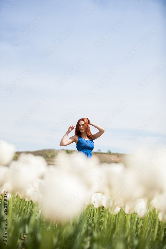 Attractive woman in blue dress in tulip field in sunny summer day. Beautiful girl in springtime Attractive woman in blue dress in tulip field in sunny summer day. Beautiful girl in springtime