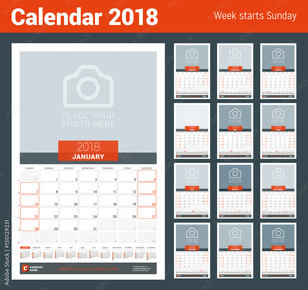 Monthly Calendar Planner for 2018 Year. Vector Design Print Template with Place for Photo and Year Calendar. Week Sarts on Sunday