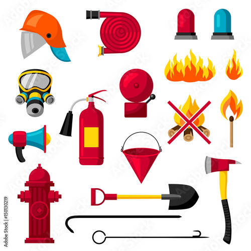 Set of firefighting items. Fire protection equipment