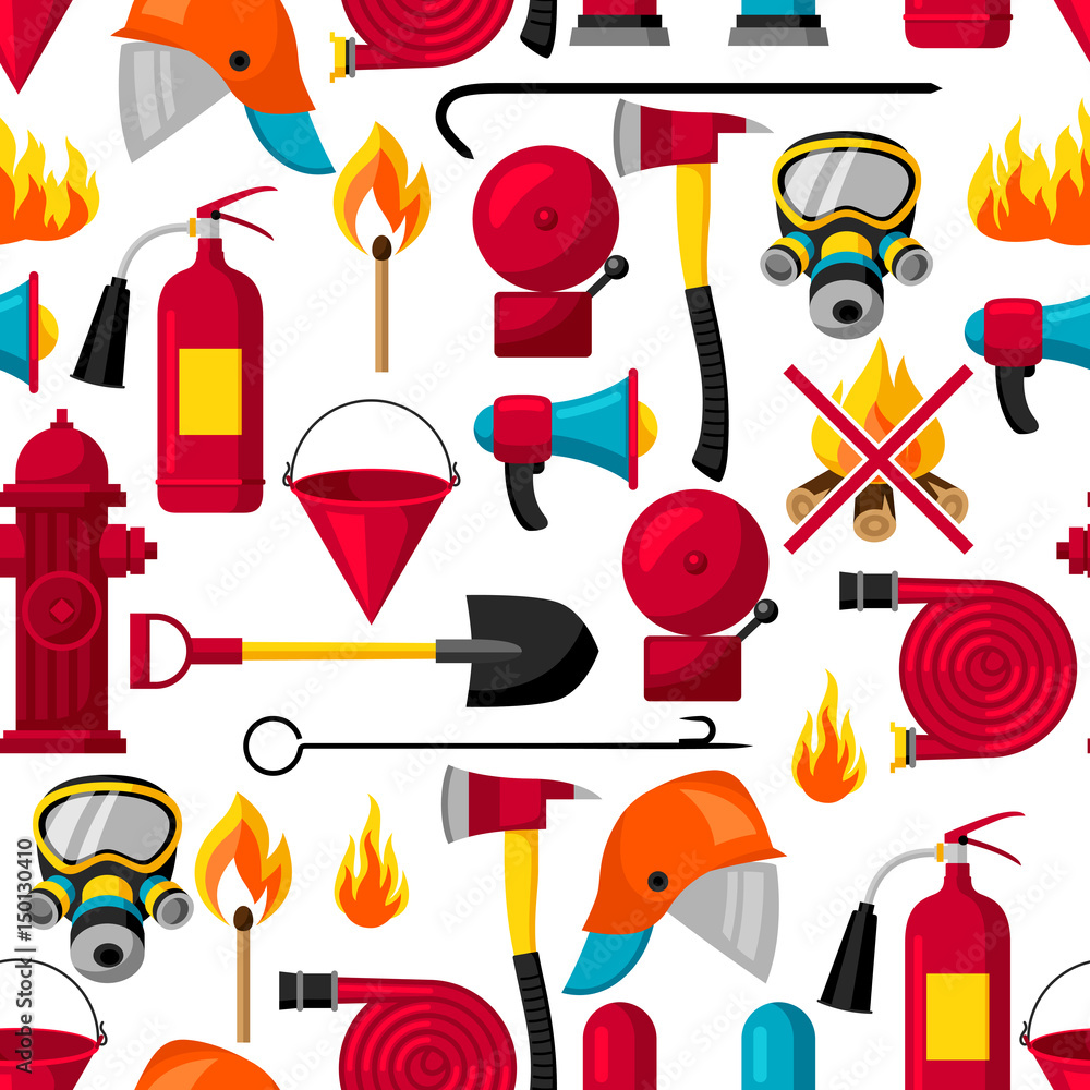 Seamless pattern with firefighting items. Fire protection equipment ...