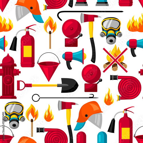 Seamless pattern with firefighting items. Fire protection equipment