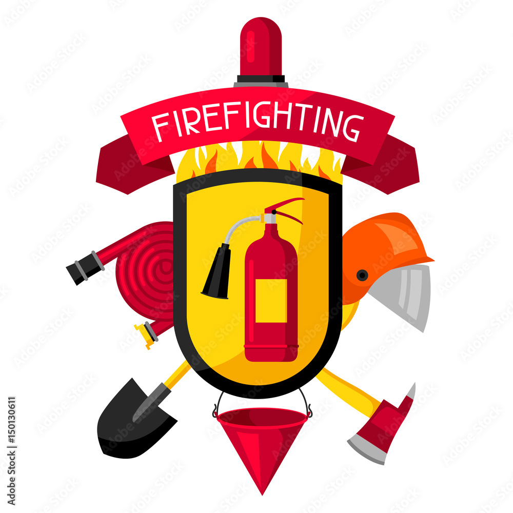 Badge with firefighting items. Fire protection equipment Stock Vector ...