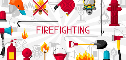 Banner with firefighting items. Fire protection equipment