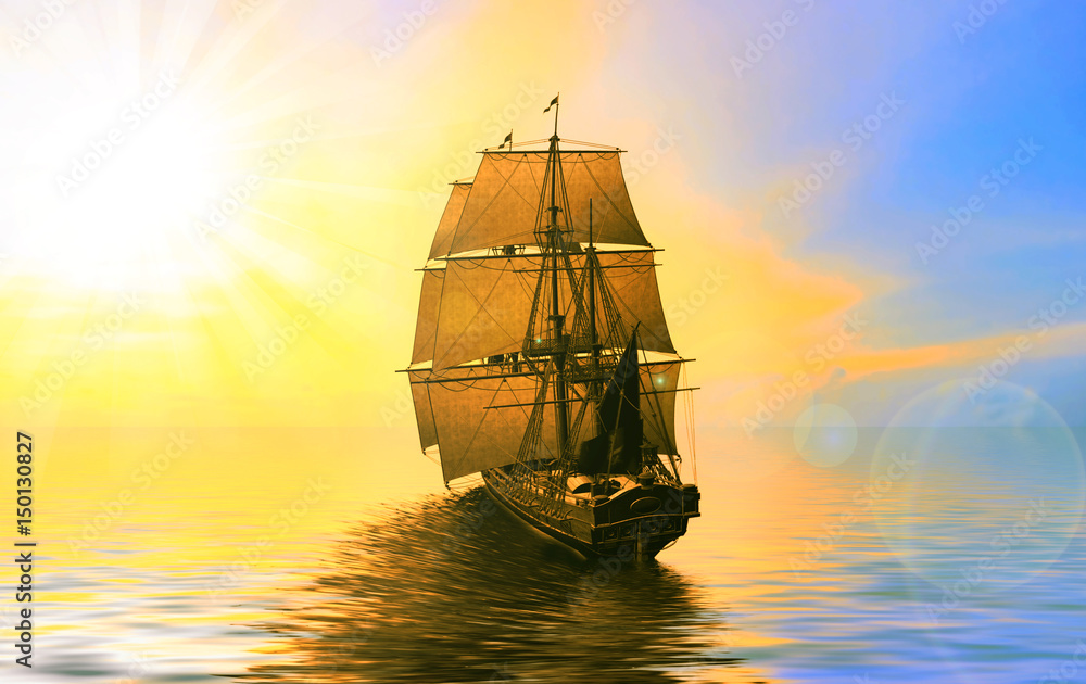 Sailboat And Birds Against Beautiful Sunrise Landscape Stock Illustration Adobe Stock