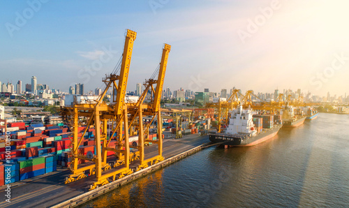 Photography container ship in import export and business logistic