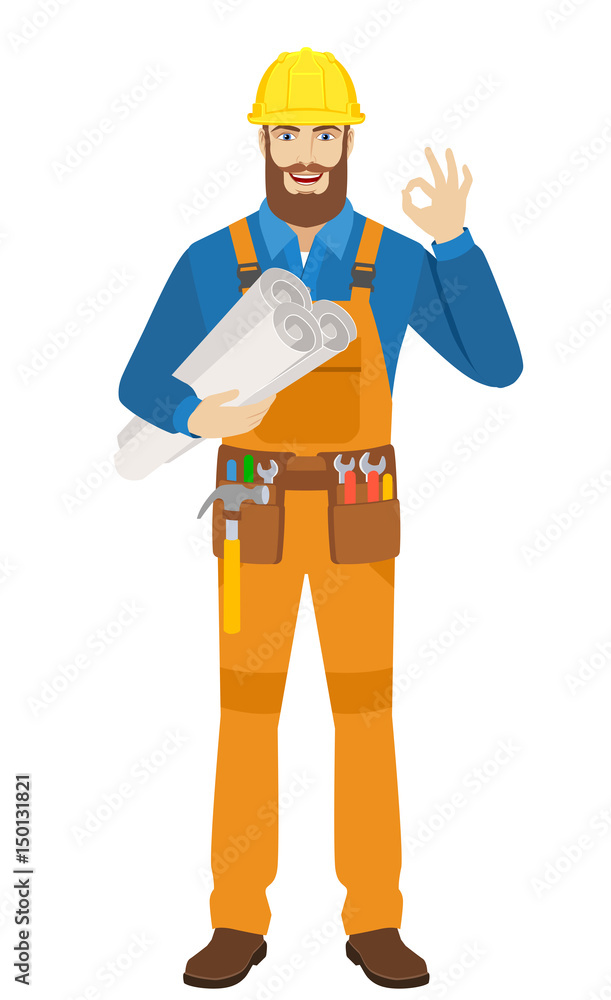 Worker holding the project plans and showing a okay hand sign