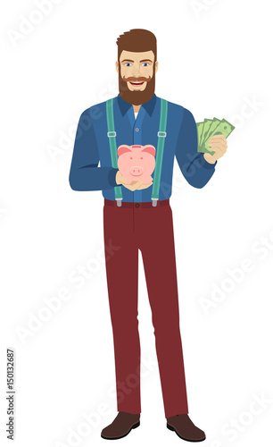 Hipster with cash money holding a piggy bank