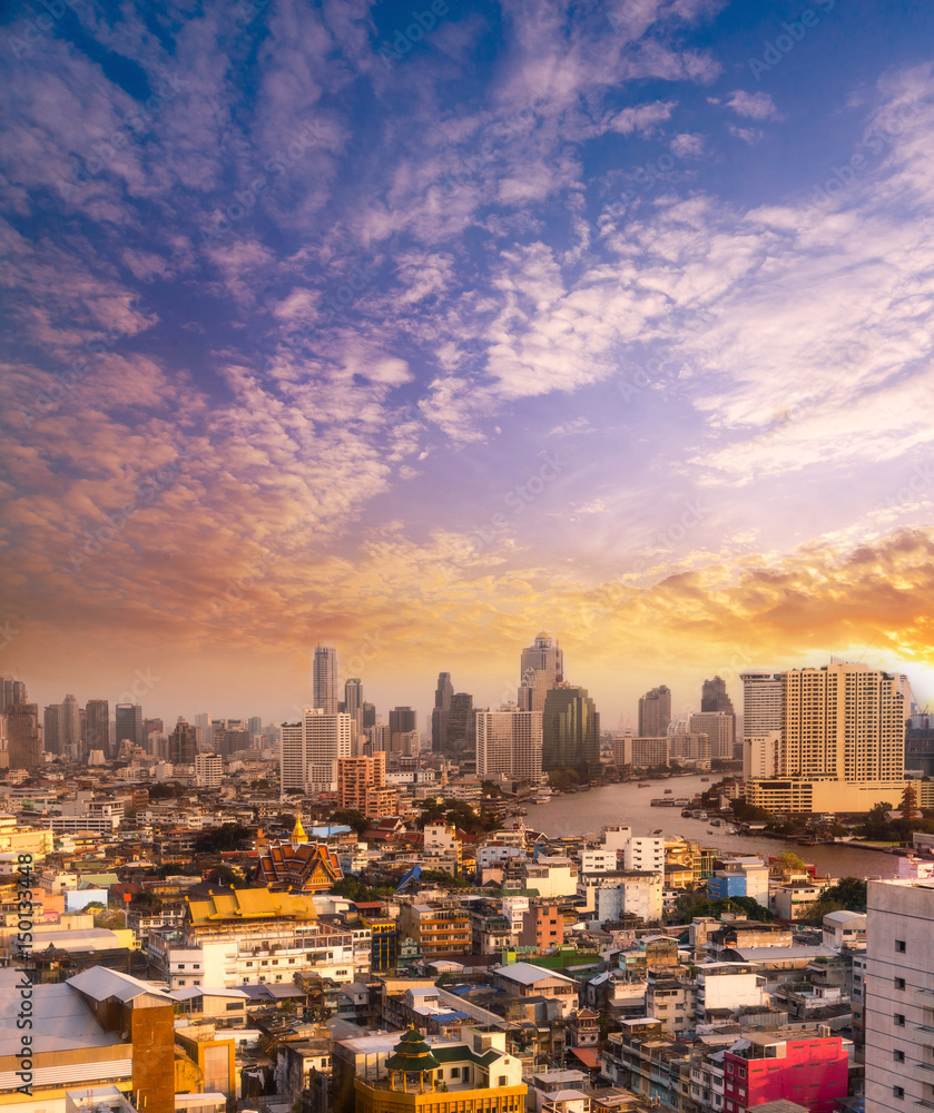 cityscape Bangkok skyline in sunset / sun rise background, Bangkok city is modern metropolis of Thailand and favorite of tourists